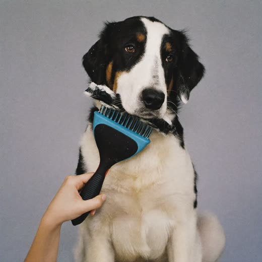 A dog being brushed to remove loose undercoat